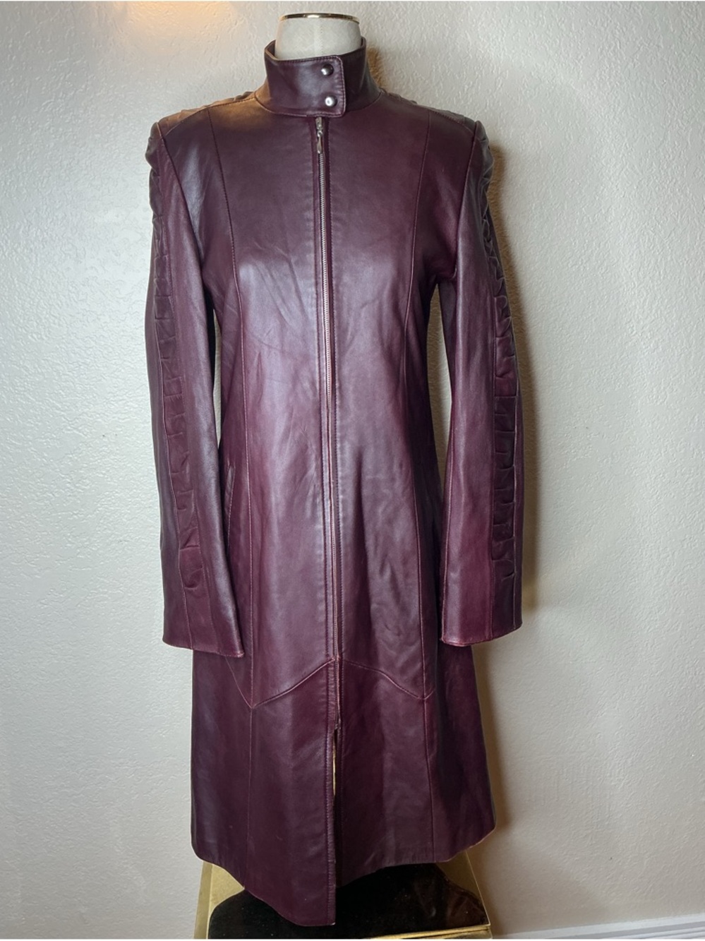 Women's Burgundy Leather Long Coat